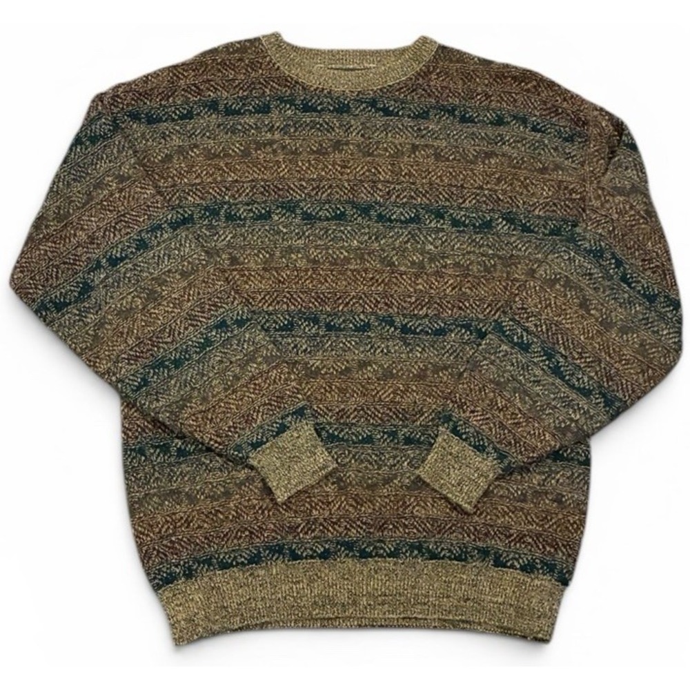 Vintage Corsensus Mens Large Textured Knit Crewneck Sweater Brown Green L